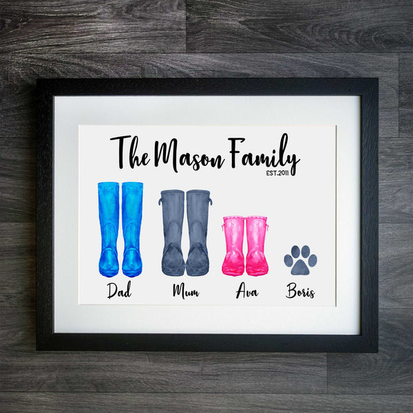 Personalised Watercolour Wellies Family Print Customisable Wall