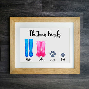 Personalised Watercolour Wellies Family Print - Customisable Wall Art for Your Home