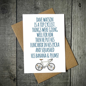 Personalised Banana And Plums Cycling Birthday Card