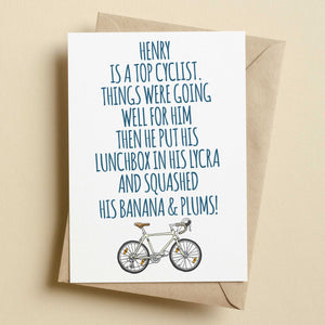 Personalised Banana And Plums Cycling Birthday Card