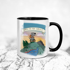Funny Cycling Dog Mug | Born To Be Wild by Richard Scribbles | Summit Sunrise