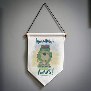 Adventure Awaits Backpacking Dog Pennant Flag by Richard Scribbles