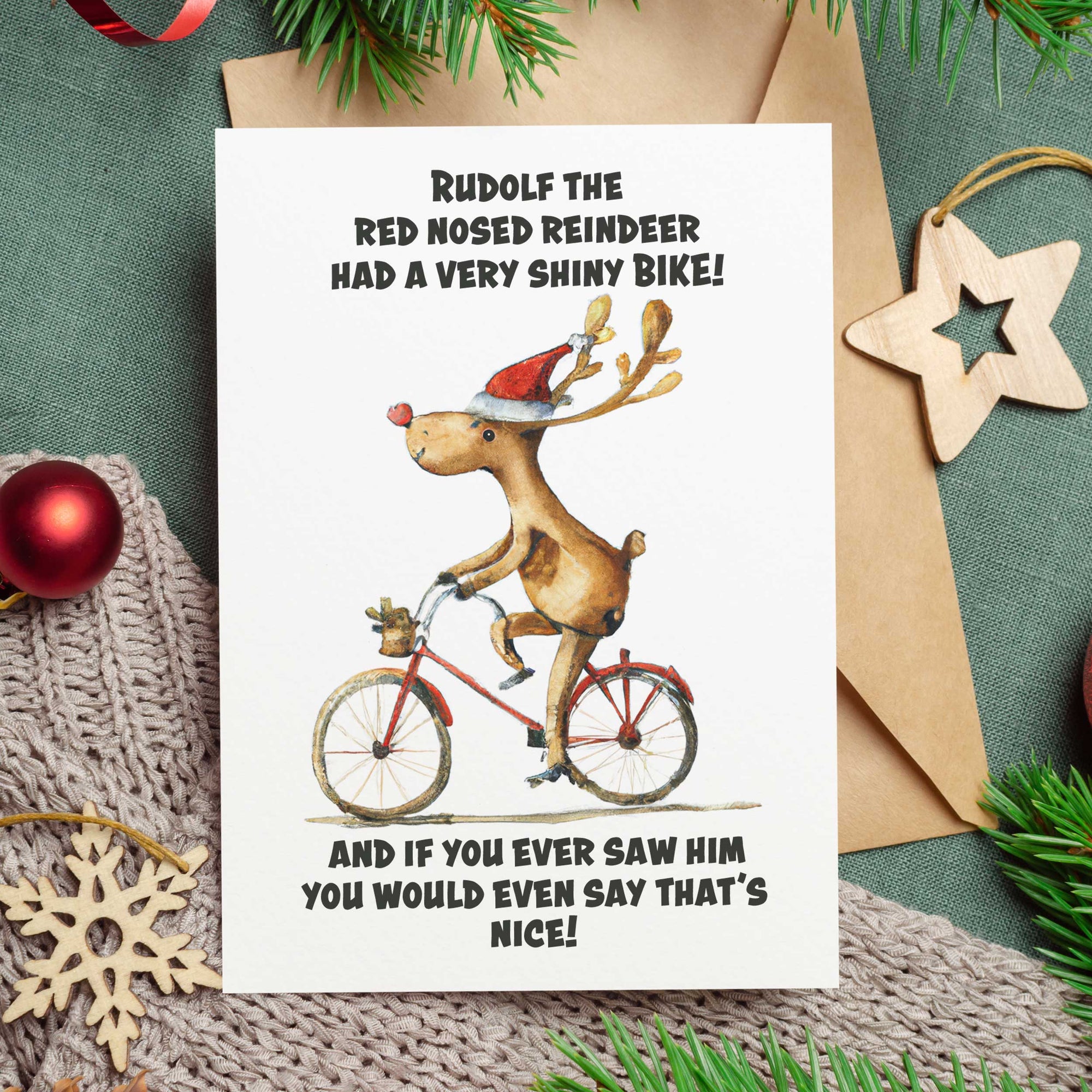 Rudolf The Red Nosed Reindeer had A Very Shiny Bike | Cycling Cards | Cycling Christmas Card