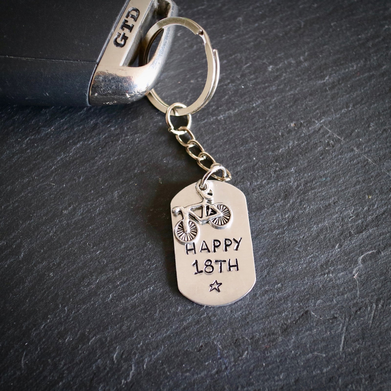 Hand Stamped Birthday Bike Keyring