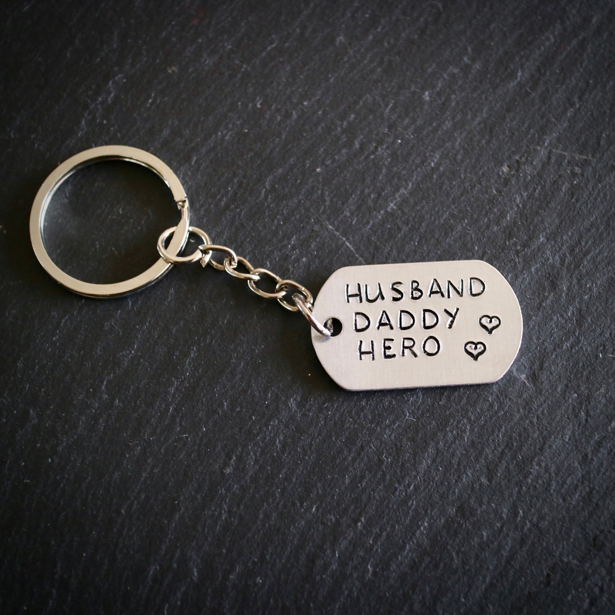 Hand Stamped Husband, Daddy, Hero Keyring
