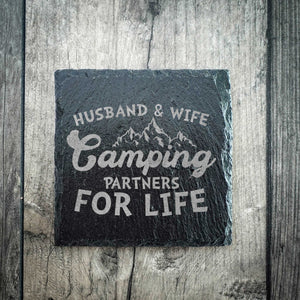 Husband and Wife Camping Partners For Life Riven Slate Coaster