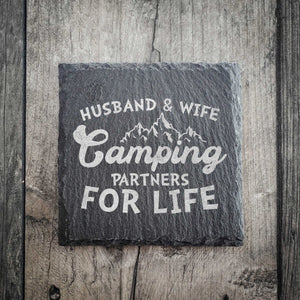 Husband and Wife Camping Partners For Life Riven Slate Coaster
