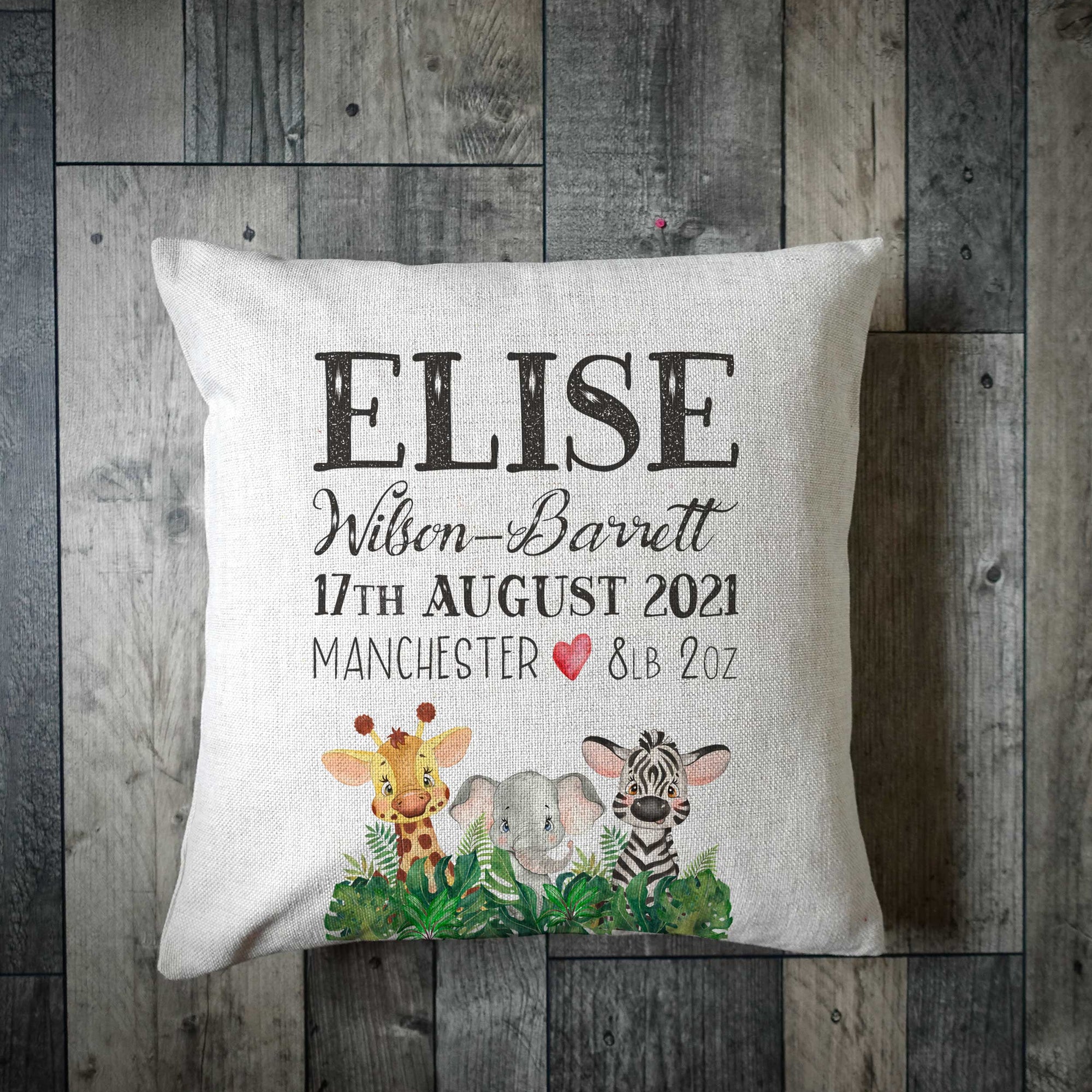 Personalised Jungle Animals Birth Detail Cushion Cover