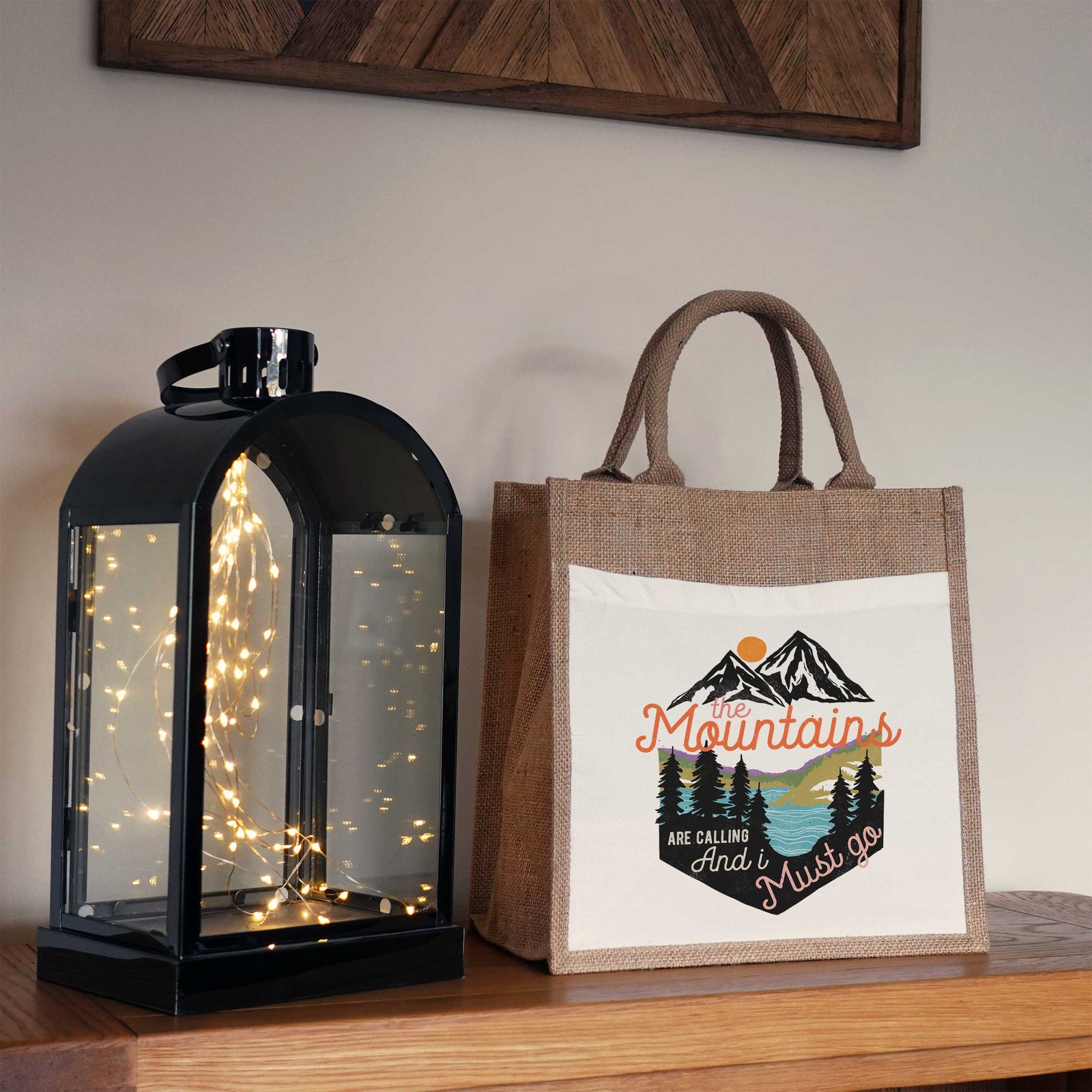 The Mountains Are Calling Retro Jute Bag