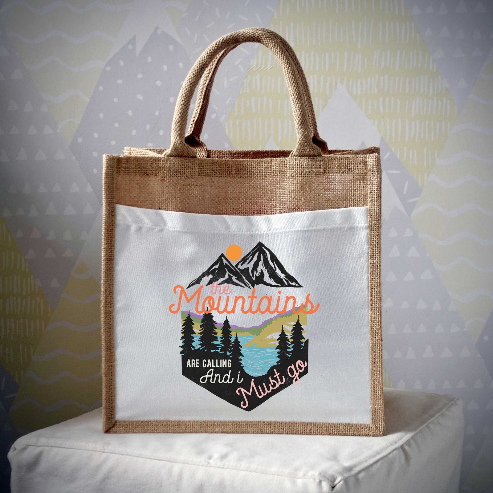 The Mountains Are Calling Retro Jute Bag