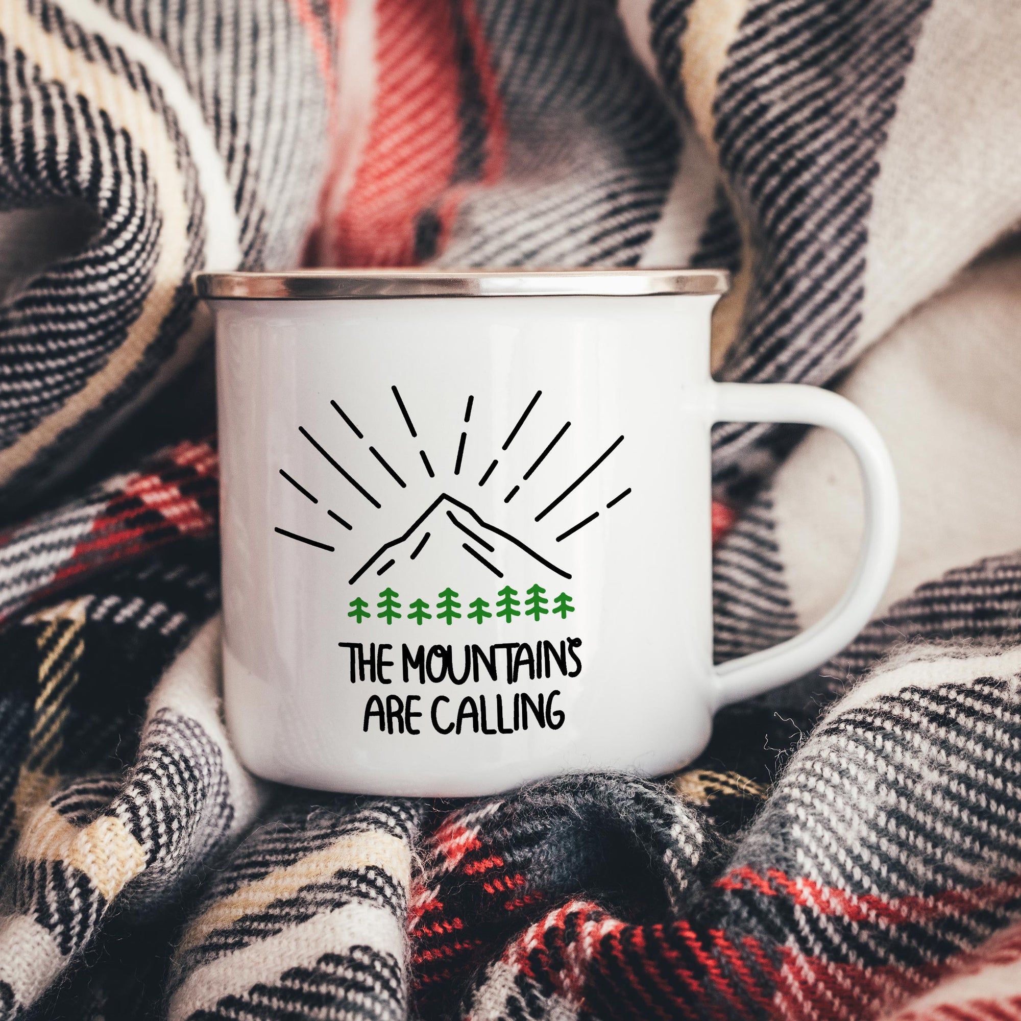 The Mountains Are Calling Line Art Enamel Camper Mug