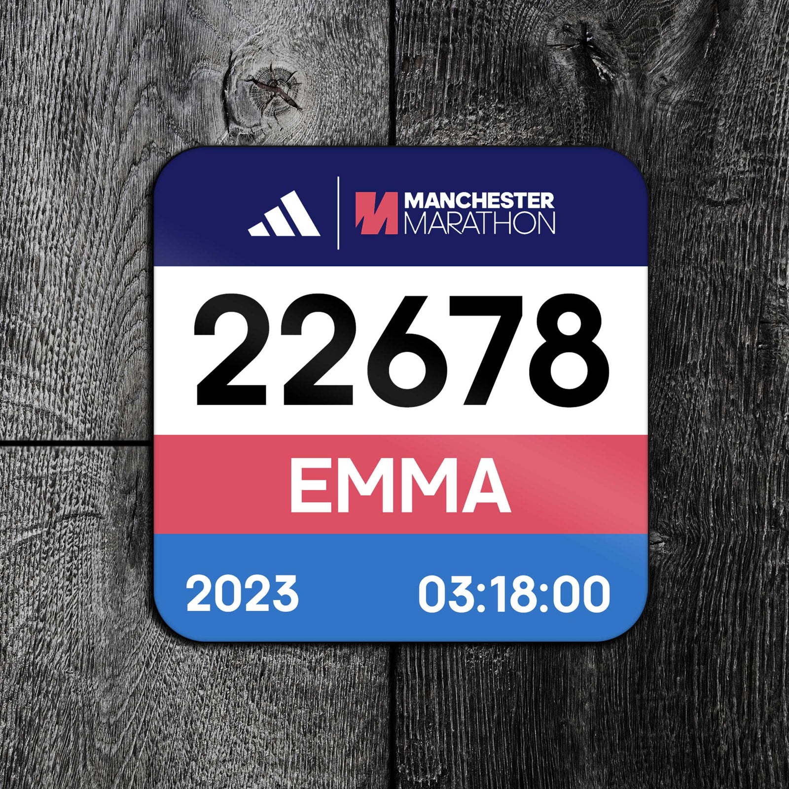 Personalised Manchester Marathon Race Bib Coaster 2023