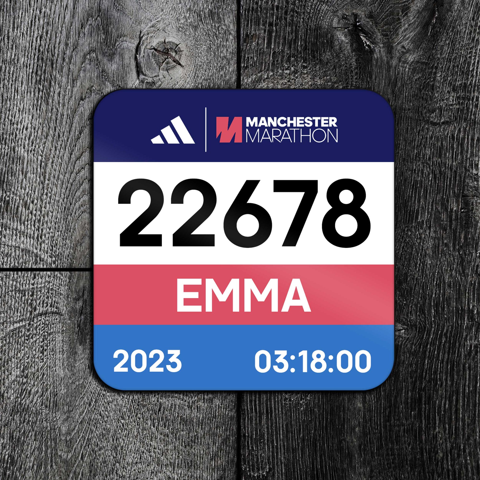 Personalised Manchester Marathon Race Bib Coaster 2023