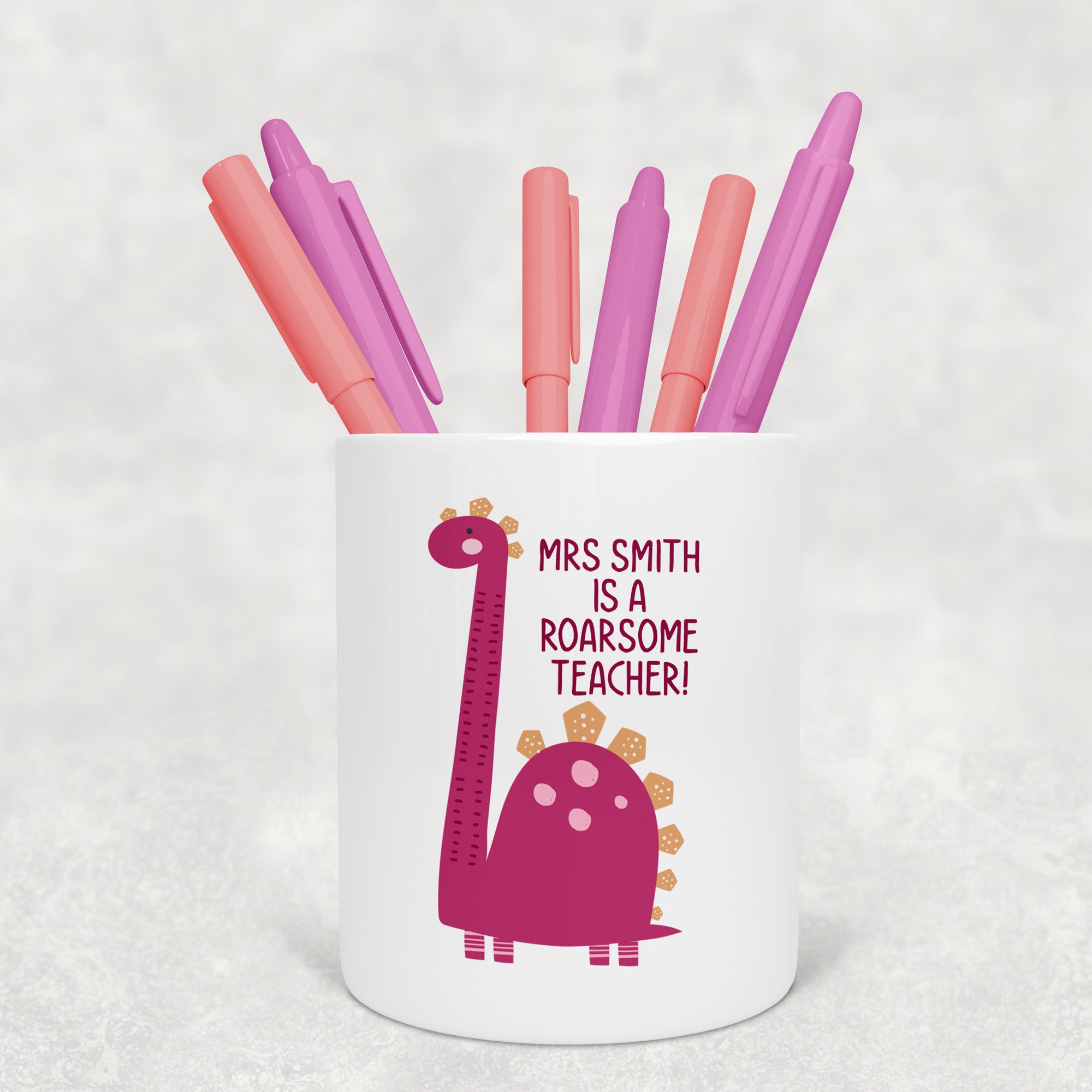 Personalised This Teacher Is Roarsome Pink Pen Pot