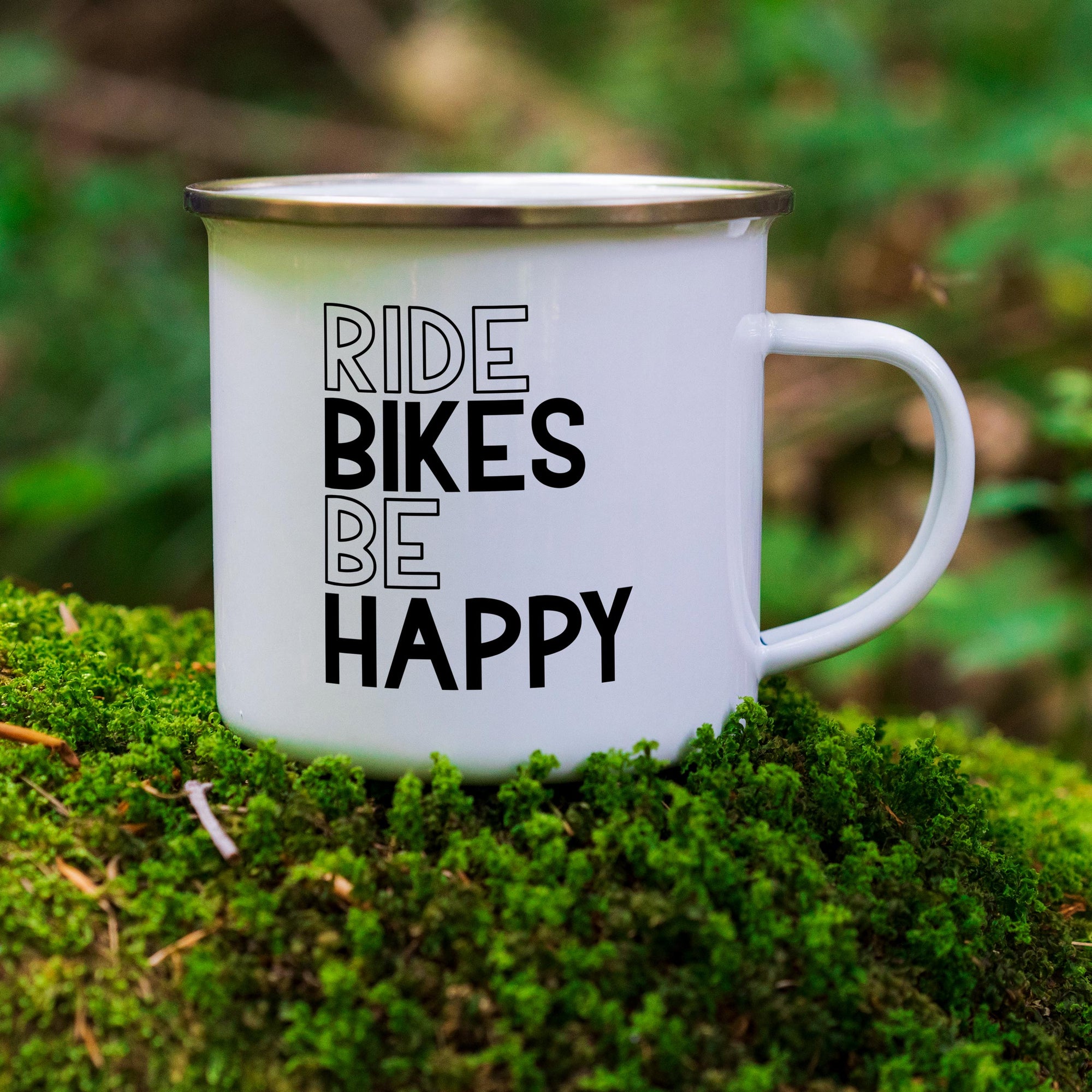 Ride Bikes Be Happy Enamel Camper Mug