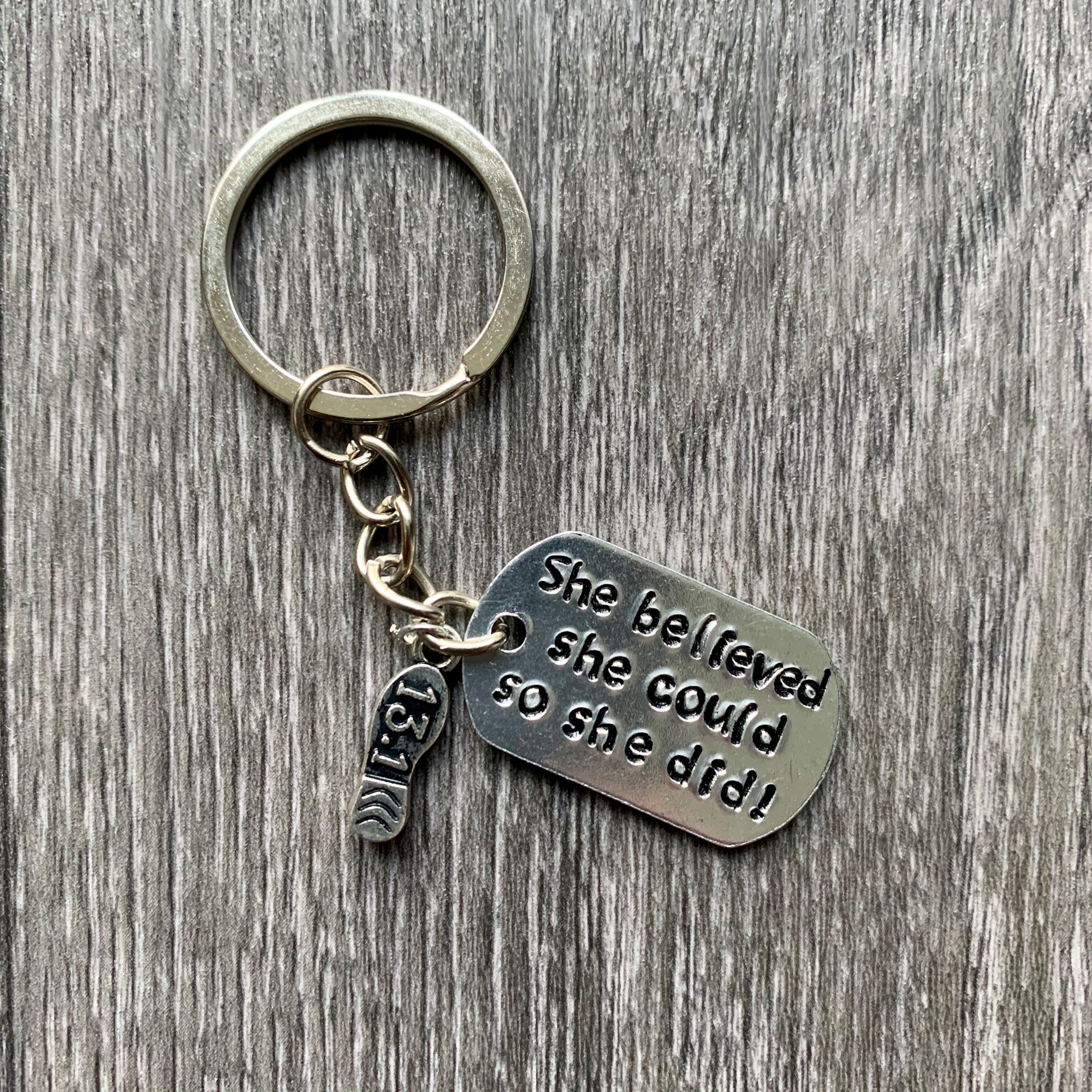 She/He Believed Runners Hand Stamped Keyring