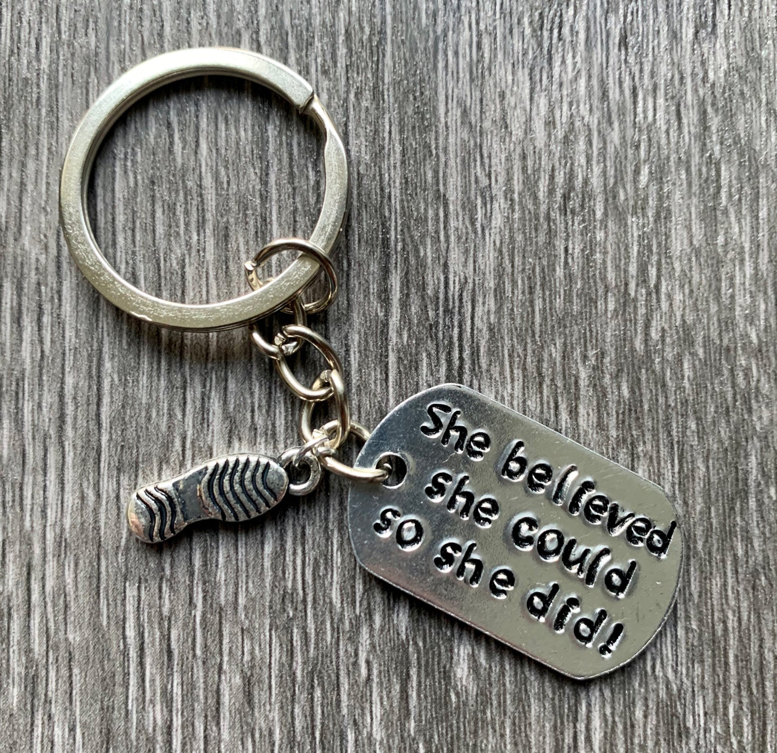 She/He Believed Runners Hand Stamped Keyring