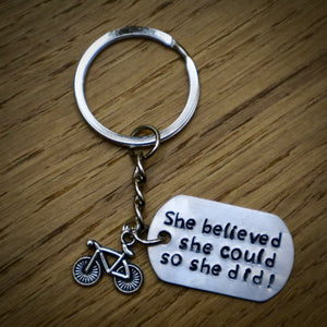 She Believed She Could So She Did Bike Hand Stamped Keyring