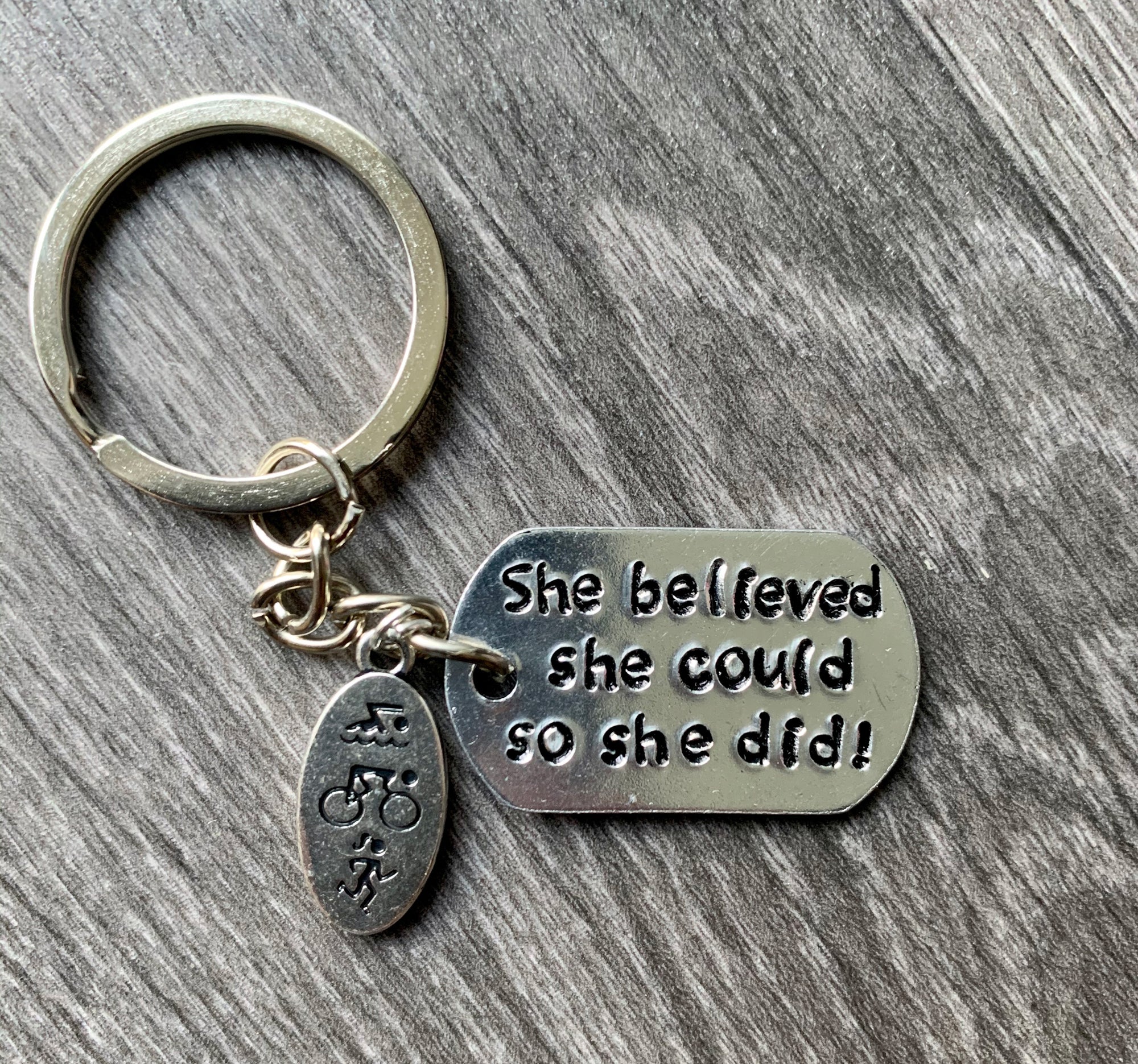 She/He Believed Triathlon Hand Stamped Keyring