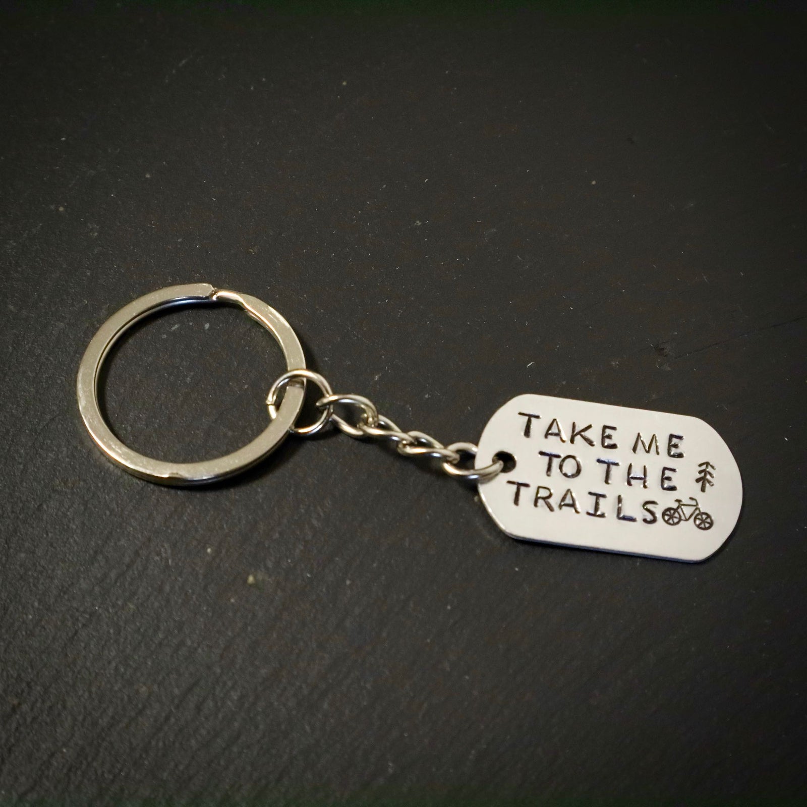 Take Me To The Trails Hand Stamped Bike Keyring