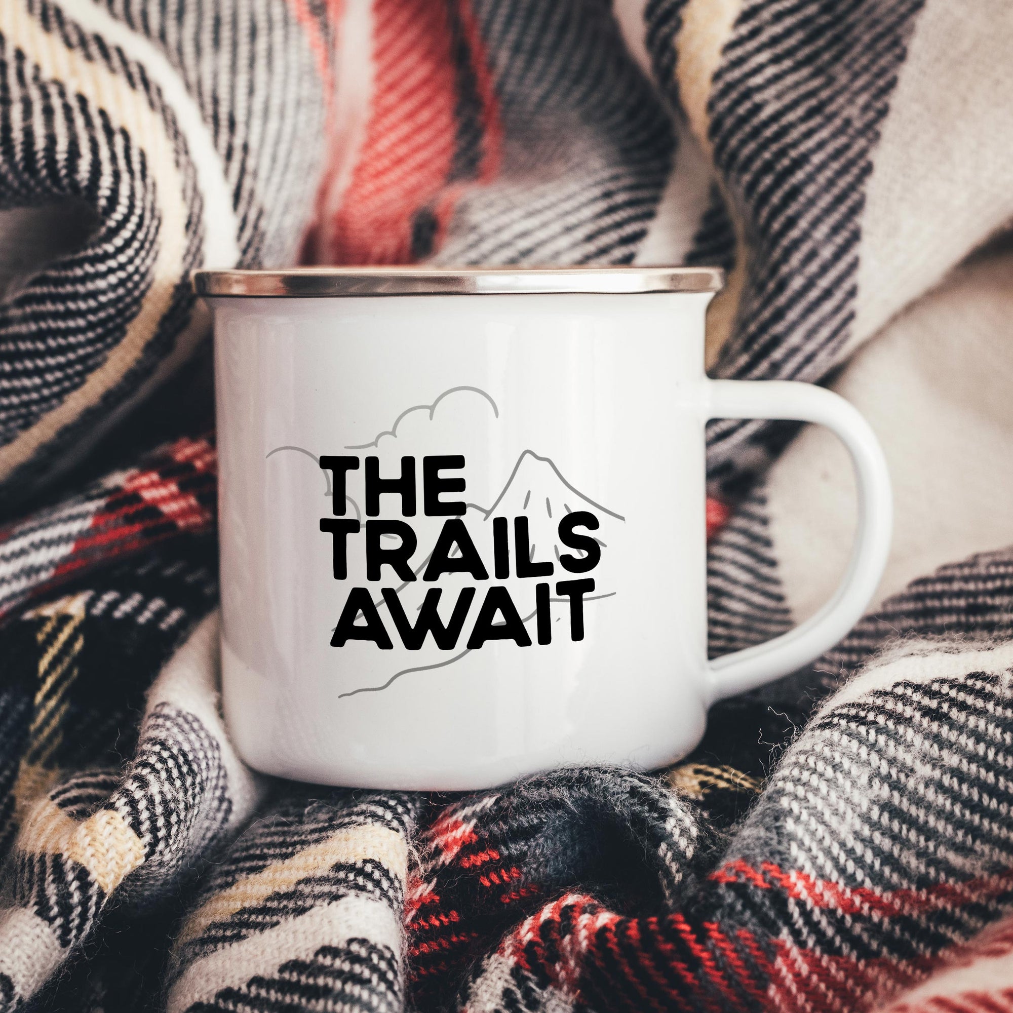 The Trails Await Enamel Camper Mug