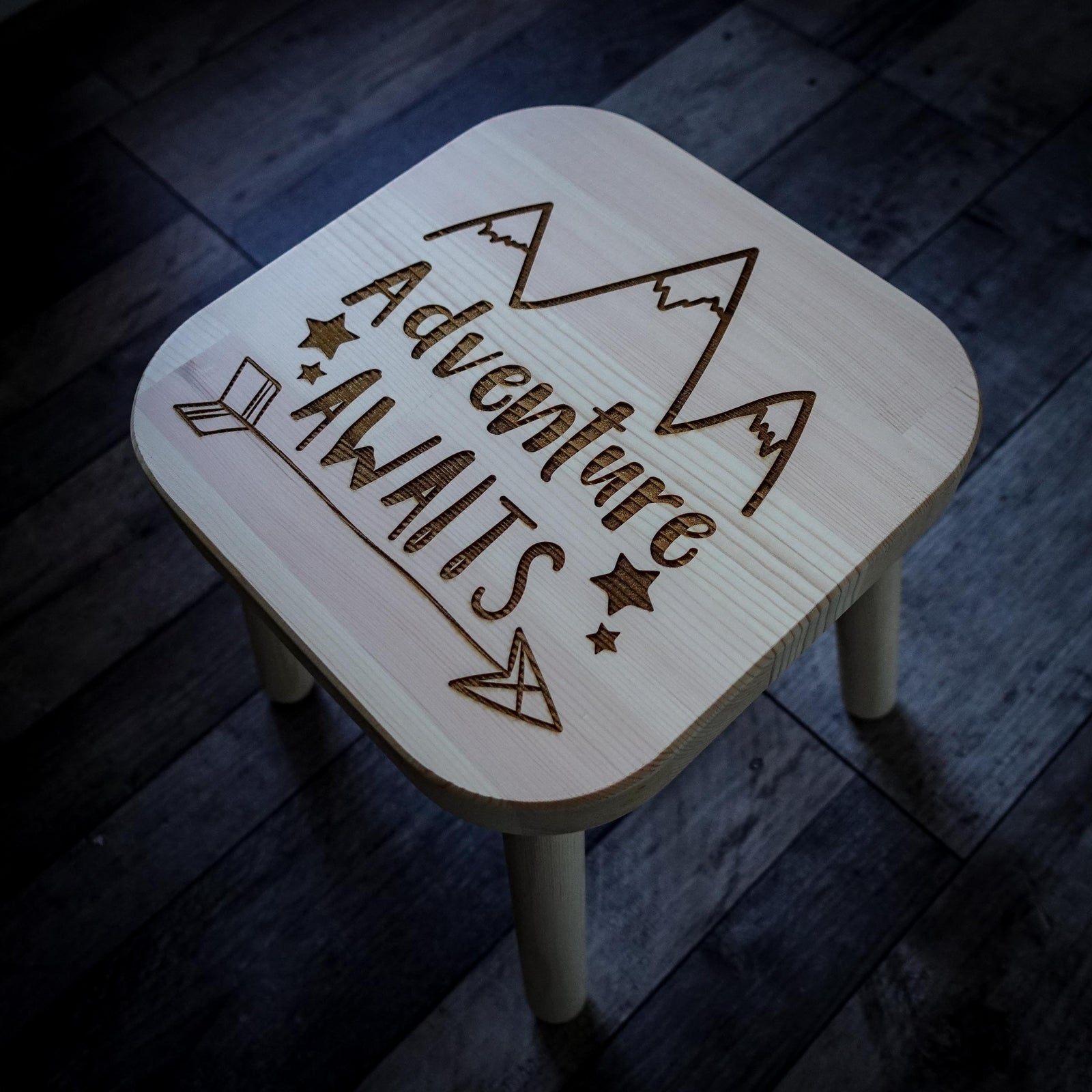 Adventure Awaits Wooden Pine Stool