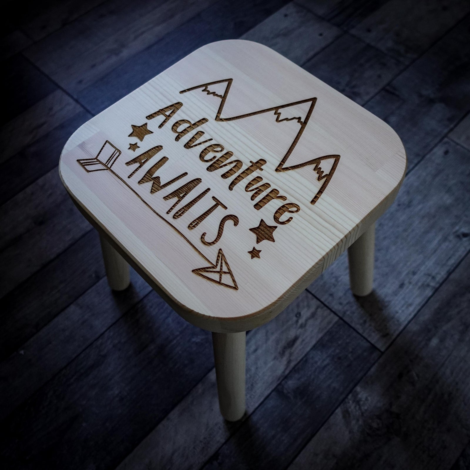 Adventure Awaits Wooden Pine Stool