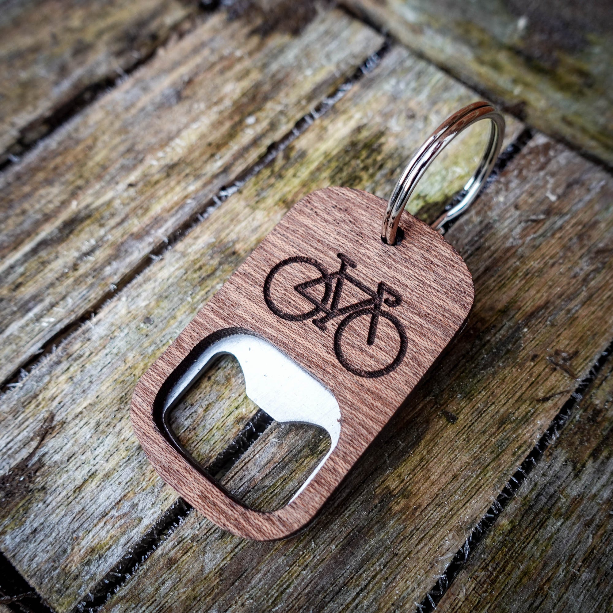 Wooden Bike Bottle Opener Key Ring