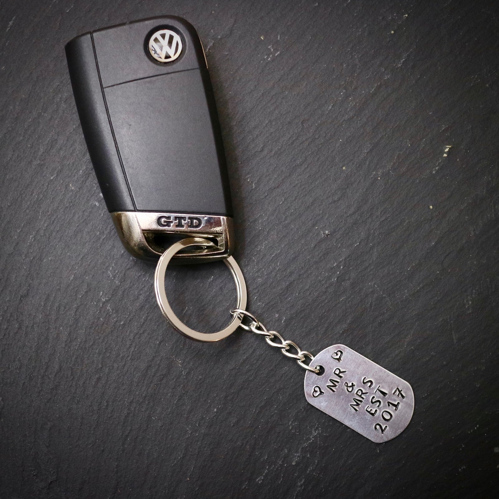 Hand Stamped Est. Year Mr and Mrs Personalised Keyring