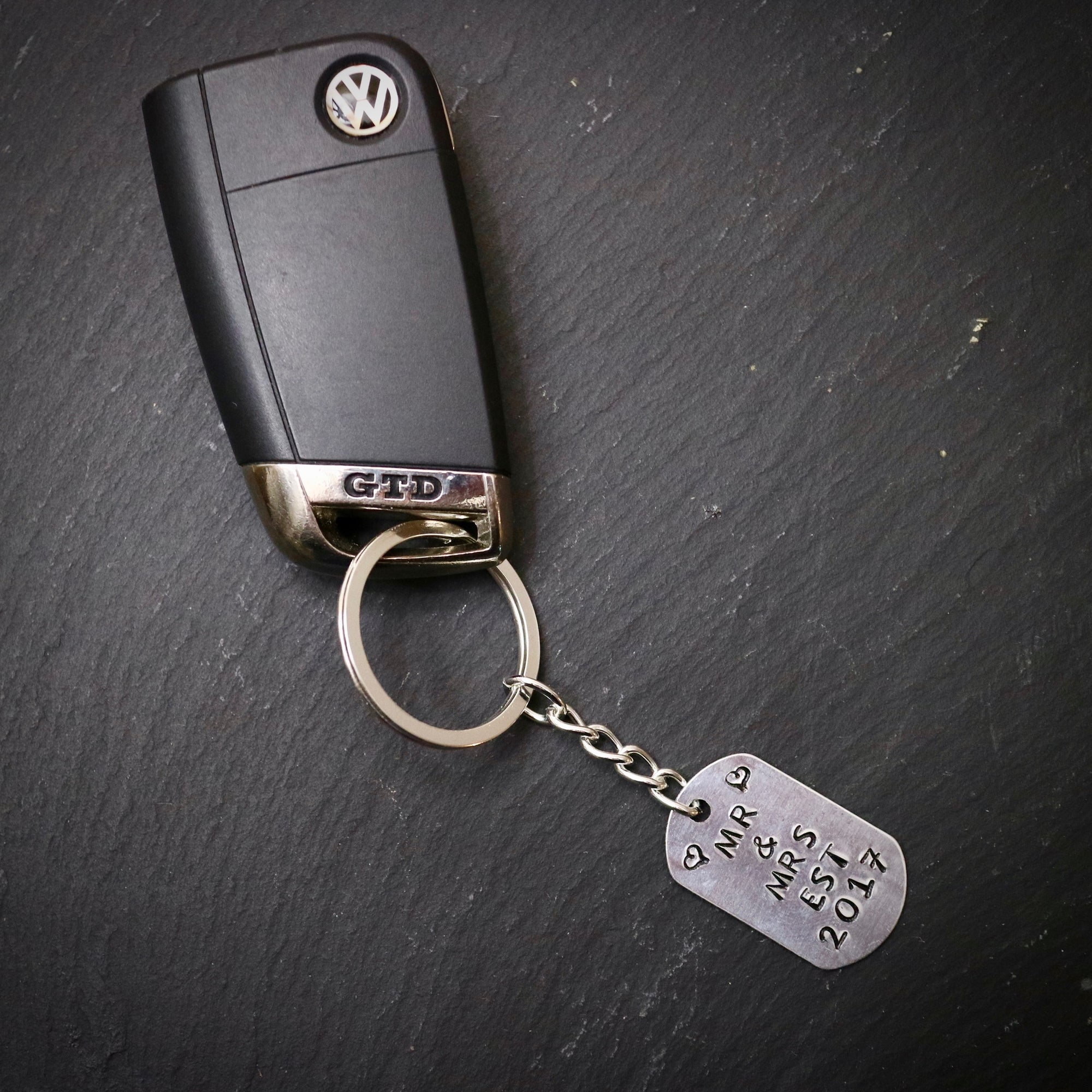 Hand Stamped Est. Year Mr and Mrs Personalised Keyring