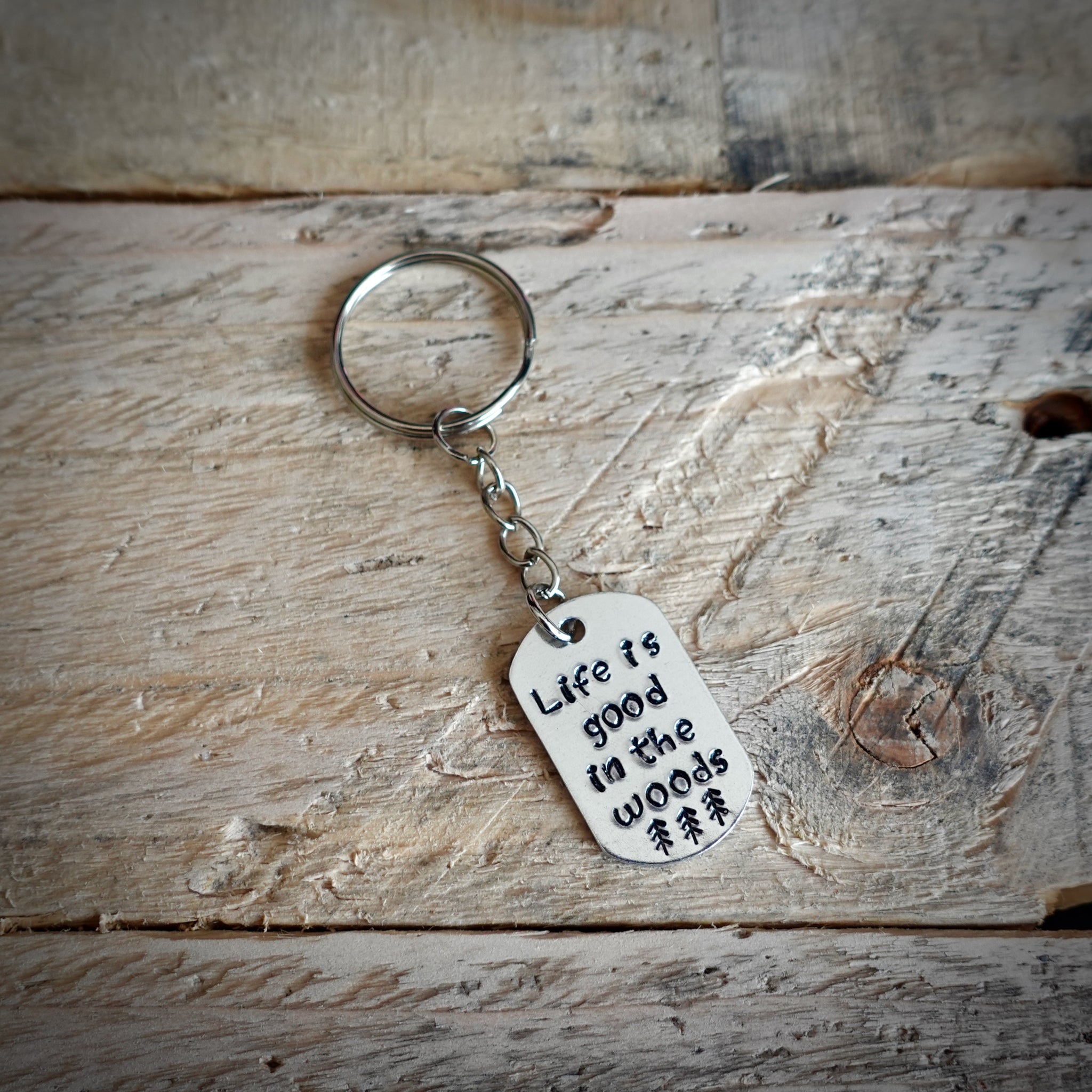 Life Is Good In The Woods Hand Stamped Key Ring EllieBeanPrints